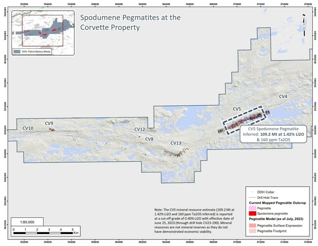 Patriot Drills 56.6 m at 1.37% Li2O in Step-Out Hole and Completes Final Hole of 2023 Program at the CV5 Pegmatite, Quebec, Canada
