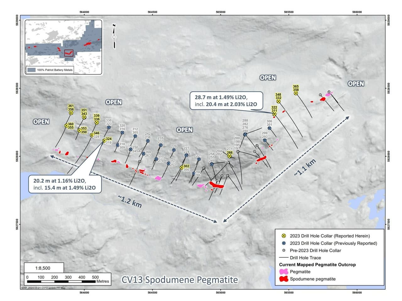 Patriot Announces Final 2023 Drill Hole Results for the CV13 and CV9 Pegmatites, Corvette, Quebec, Canada