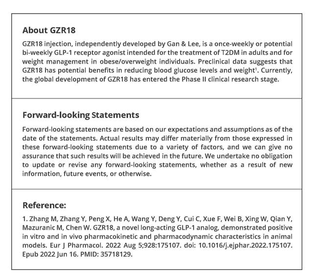 Gan & Lee Pharmaceuticals' Bi-weekly (twice a month) GLP-1 Receptor Agonist GZR18 Injection Achieved 17.29% Weight Loss at 30 Weeks in a Phase IIb Clinical Trial