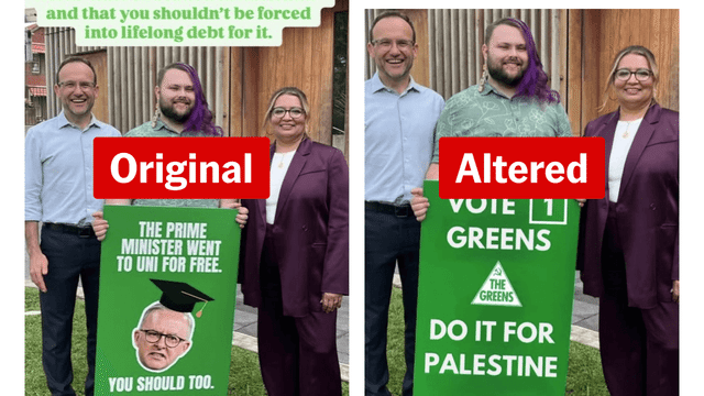 Greens' election sign image is a digitally altered fake