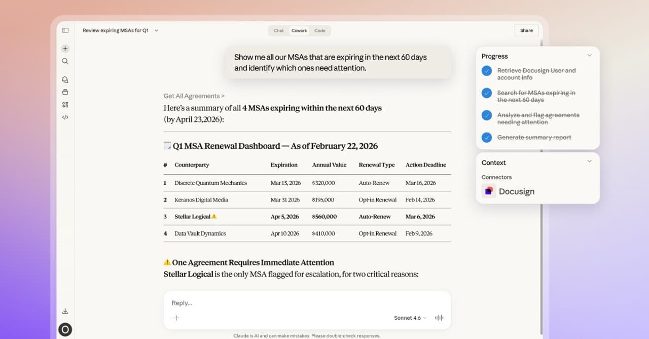 Docusign Partners with Anthropic to Bring Its Intelligent Contract Workflows to Cowork
