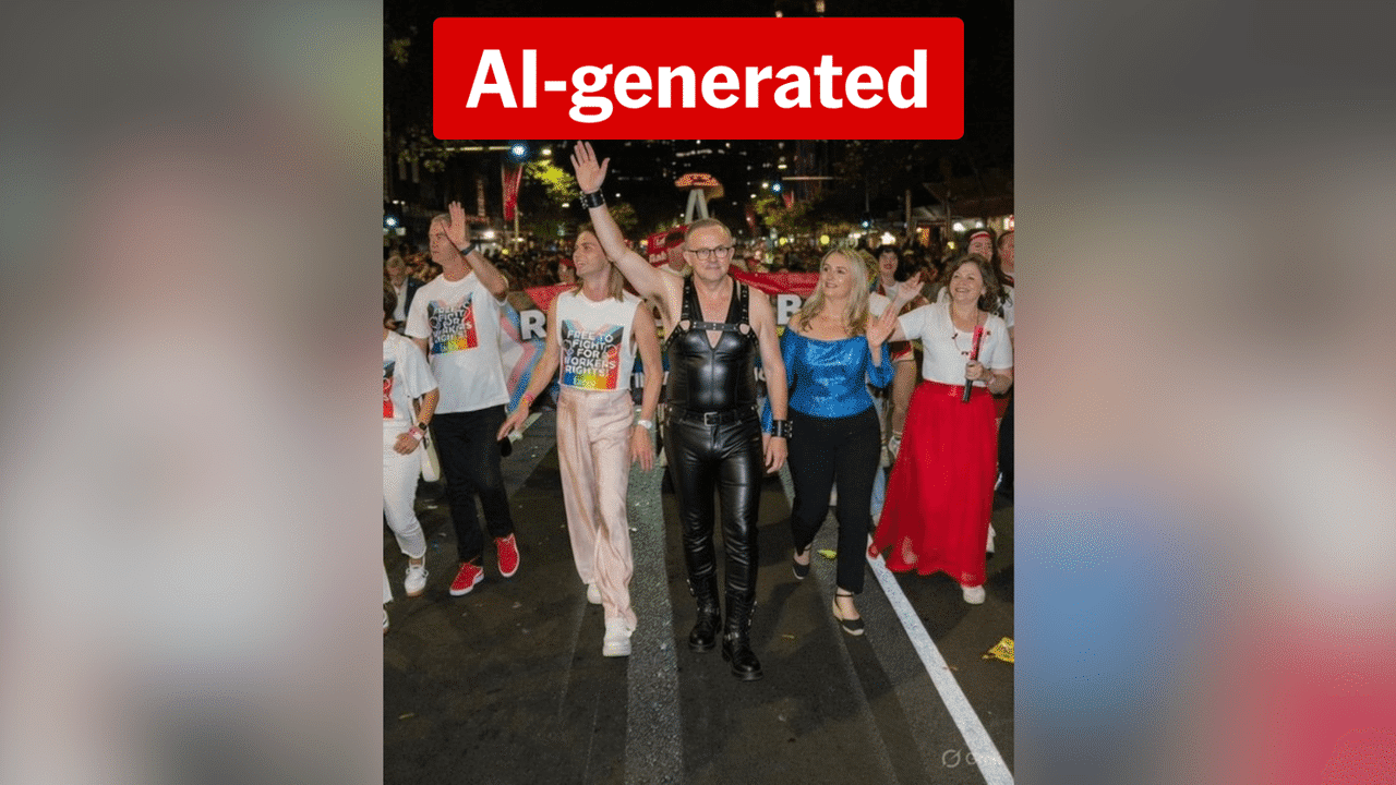 Image of a leather-clad Albanese at Mardi Gras is an AI fake