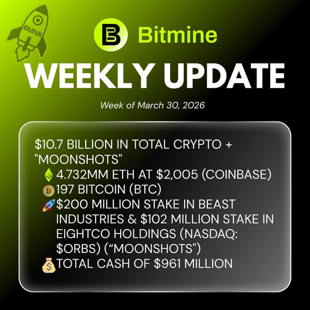 Bitmine Immersion Technologies (BMNR) Announces ETH Holdings Reach 4.732 Million Tokens, and Total Crypto and Total Cash Holdings of $10.7 Billion