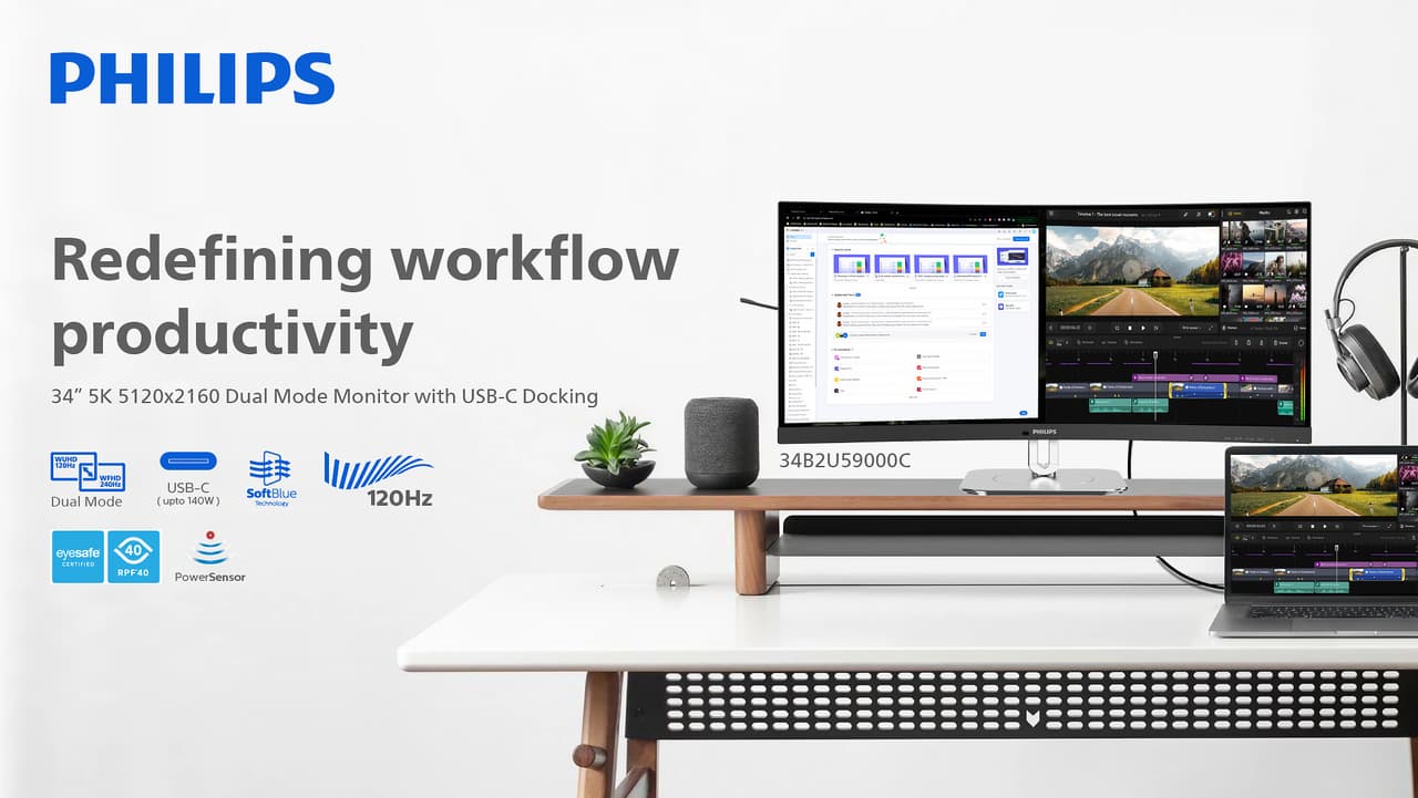 The First 34" 5K 5120 x 2160 Philips Business Monitor Featuring DLG Technology Launches with Dual Mode, Delivering Versatility for Mixed Workflows.