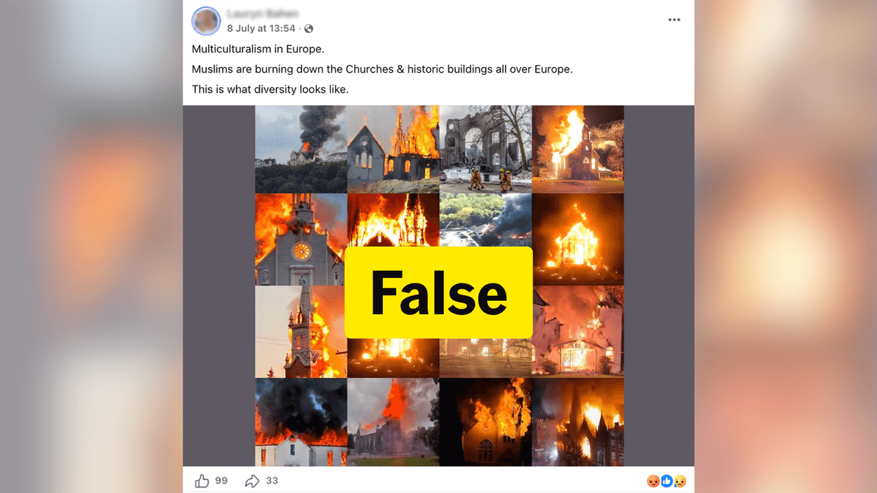 Church fire photos miscaptioned as Muslim arson attacks