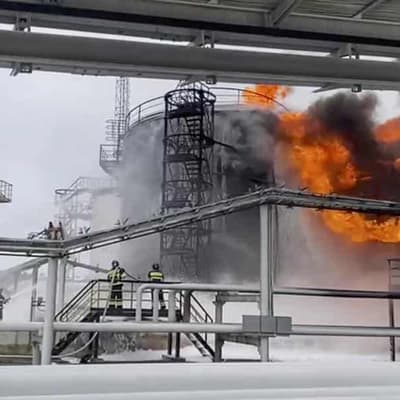 Downed Ukrainian drone causes Russian oil depot blaze