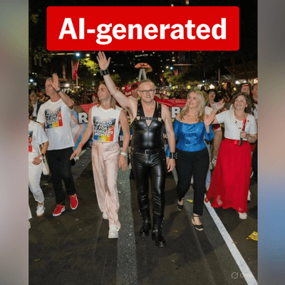 Image of a leather-clad Albanese at Mardi Gras is an AI fake