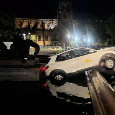 Delivery driver's odd act after crashing into fountain