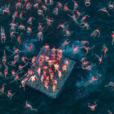 Thousands grin and bare it for swim at crack of dawn